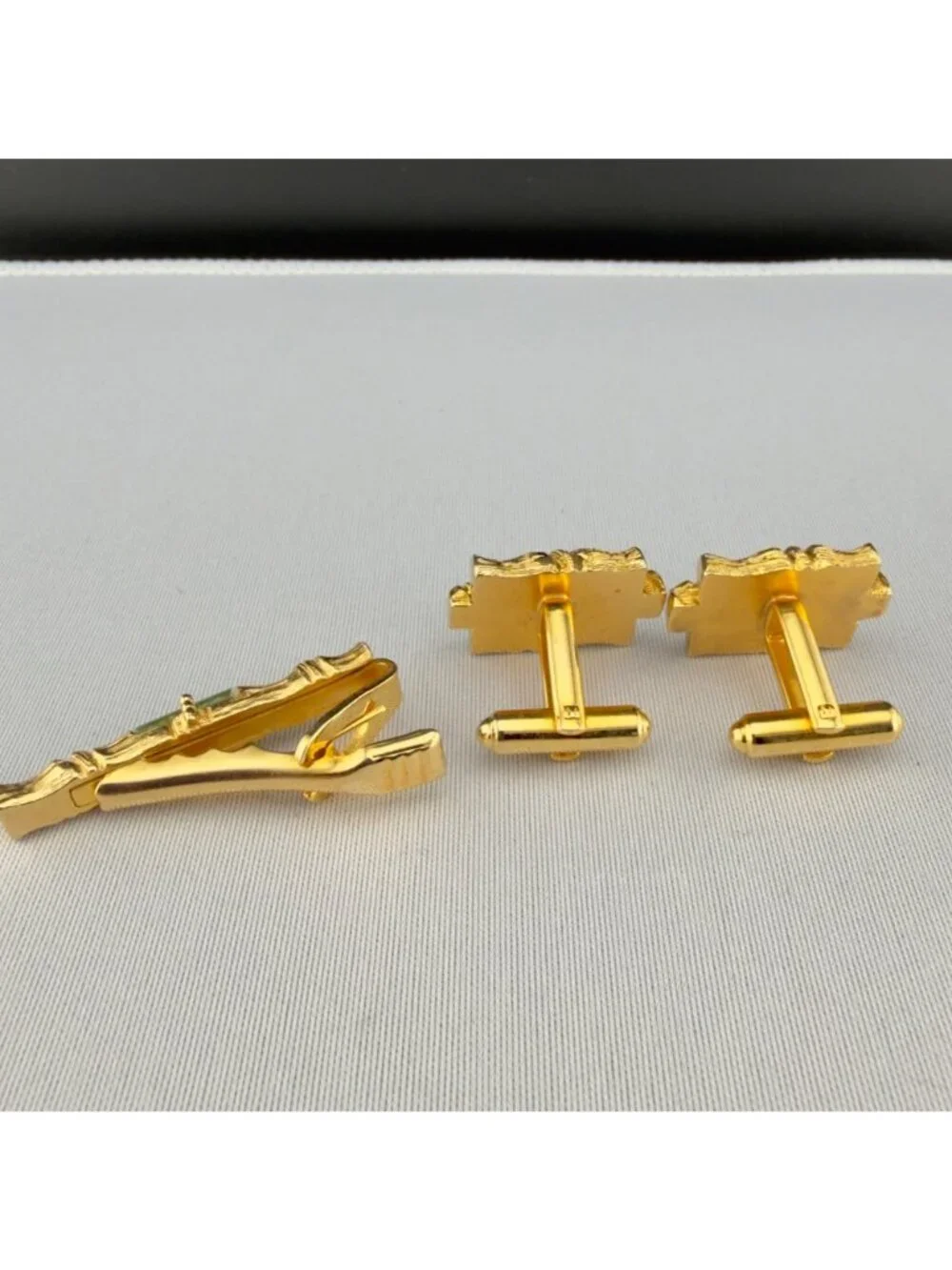 Vintage Gold Tone Green Jade Bamboo Cuff Links Tie Clip Set Wedding Mid Century